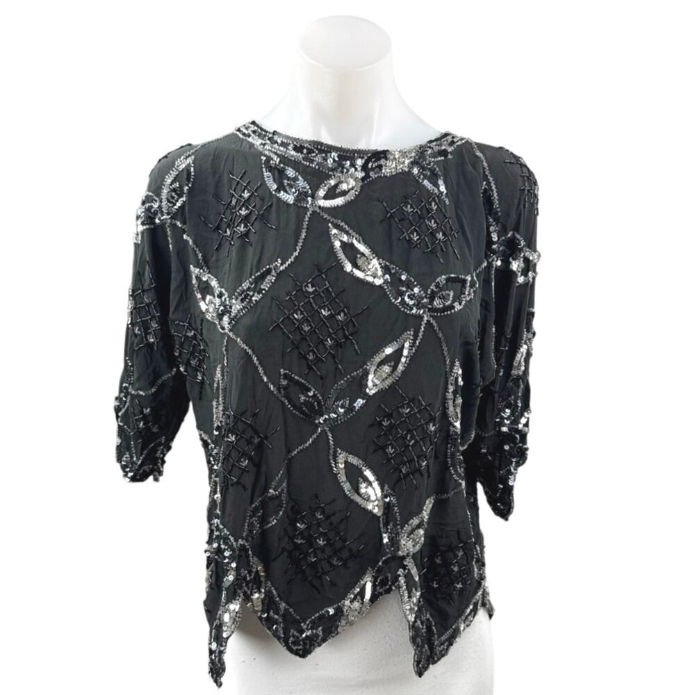 Vintage Argenti Black 100% Silk Sequin Embellished Short Sleeve Blouse Top Sz M